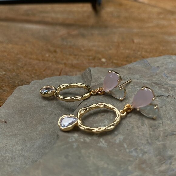Plated Hammered Gold with Cubic Zircon Stone Stud Earrings - Picture 3 of 10